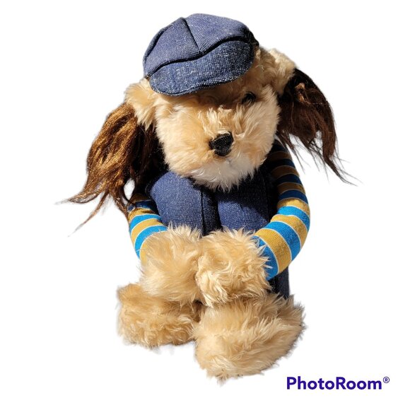 Knee Hugger Shaggy Dog Stuffed Toy Blue Overalls Cap Stripe Shirt Vintage 1981 - Picture 1 of 15